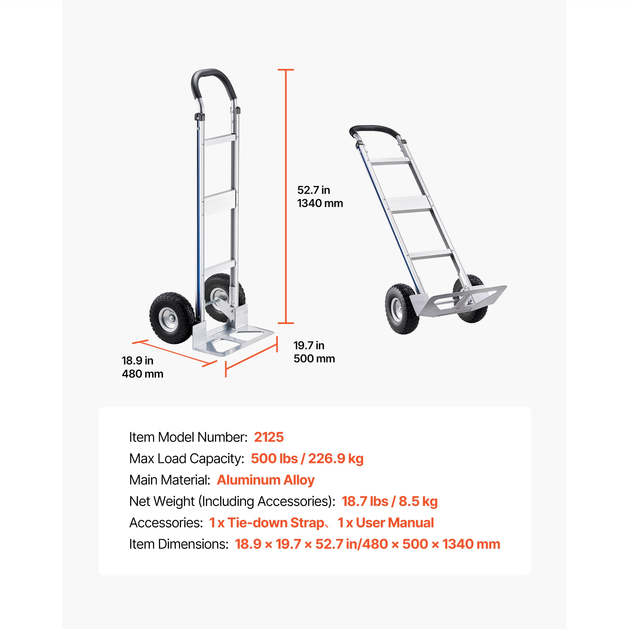 KFFKFF Heavy-Duty Hand Truck, 500 lbs Capacity, Durable Dolly with Non-Slip Wheels & Handle, Aluminum Alloy Portable Cart with Tie-Down Strap for Home, Office, and Warehouse Transport