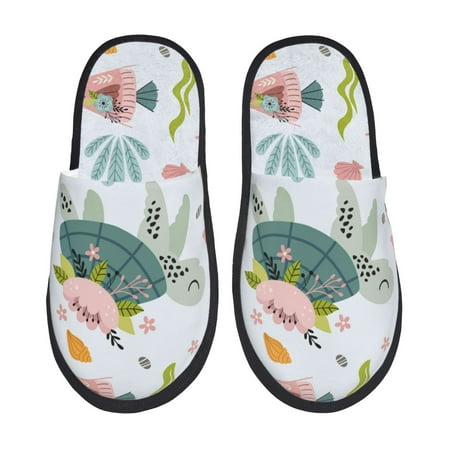 Balery Turtle and Sea Life Slient Indoor Furry Fleece Comfort House Shoes Soft Non-Slip Home Shoes Cotton slippers House Slippers-- Large