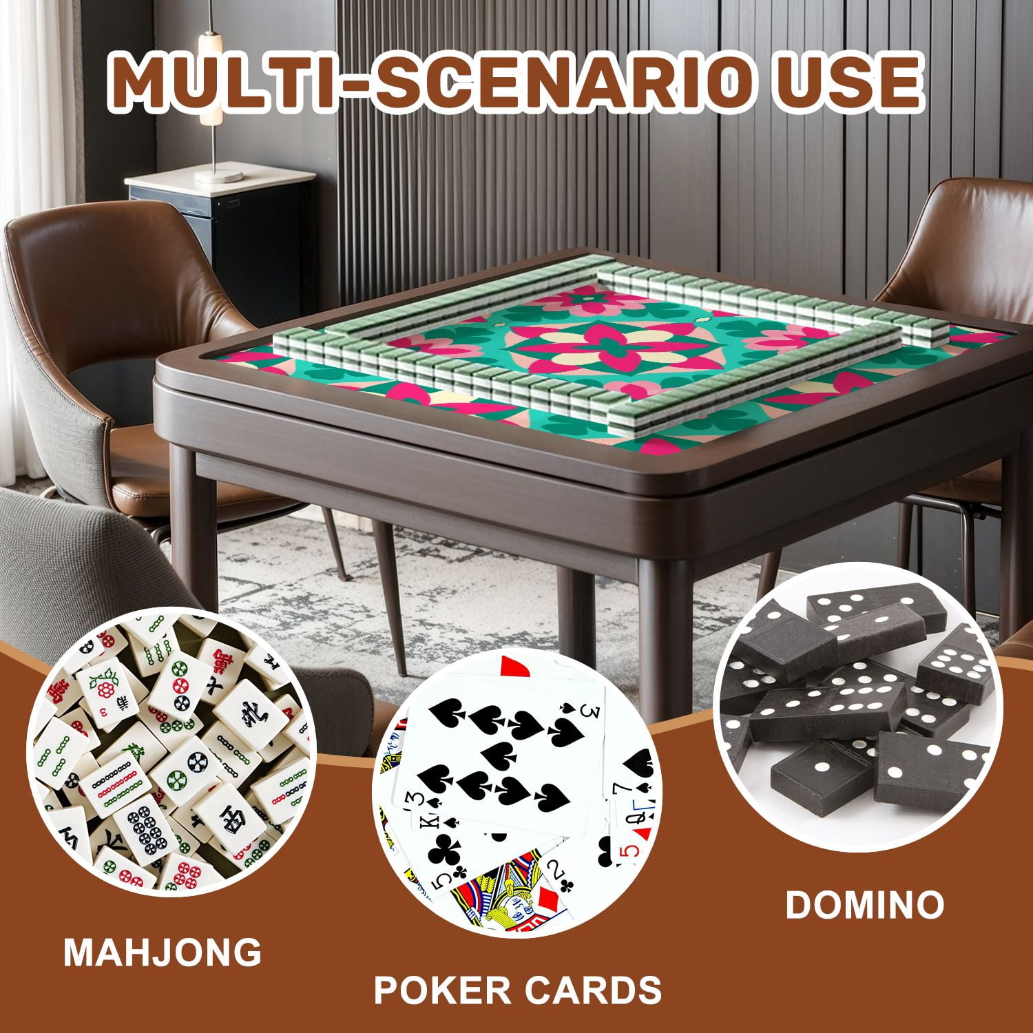 Mahjong Mat 31.5" x 31.5" Colorful Floral Geometric Pink Green Cream Accents Non-Slip Noise Reduction American Mahjong Tiles Table Cover for Dominoes Poker Card Board Games Gift