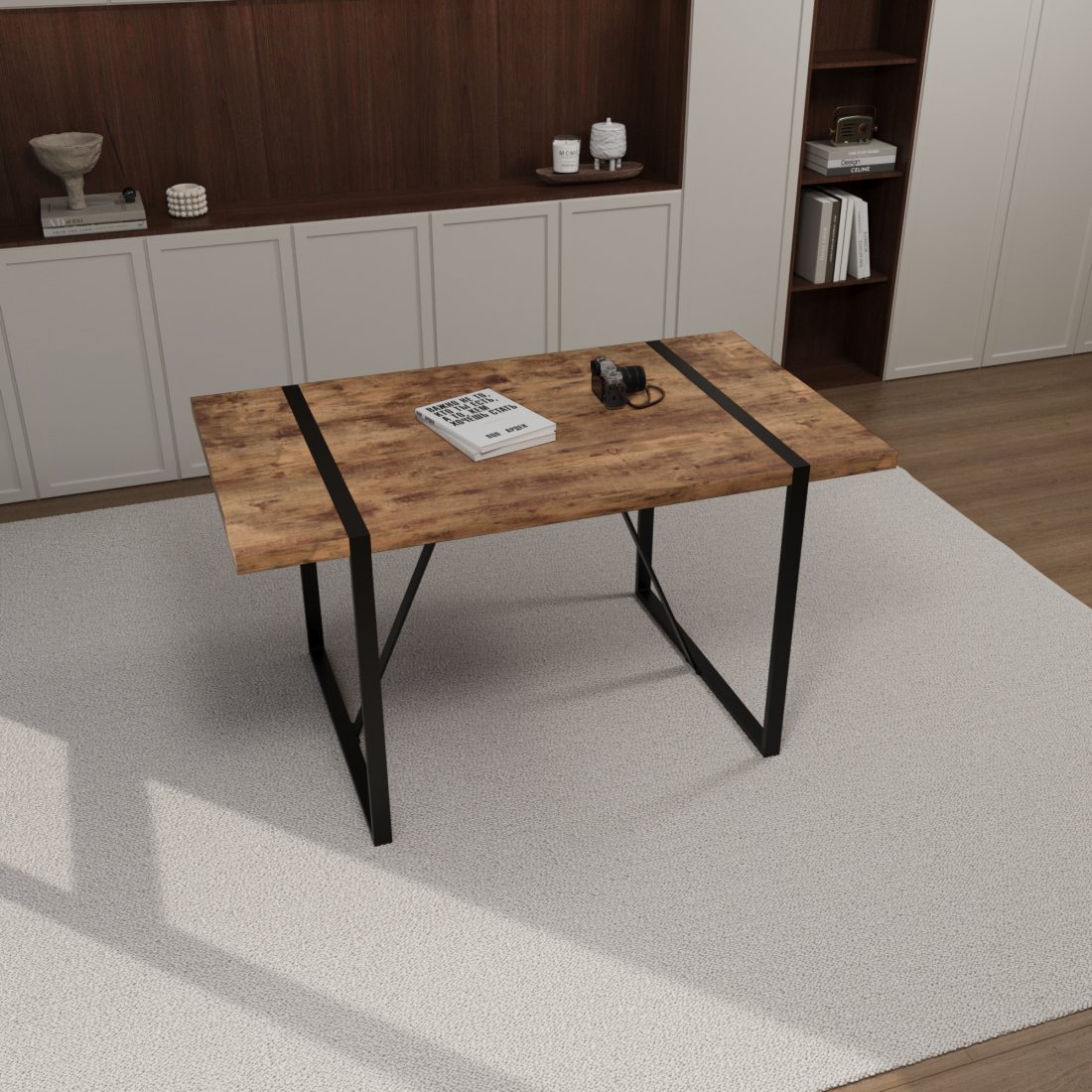Modern Farmhouse Industrial Dining Table with 1.5" Thick Durable Dark Wood MDF Top & Black Steel Legs - Seats 4-6, Easy-Clean Surface for Compact Home Kitchens