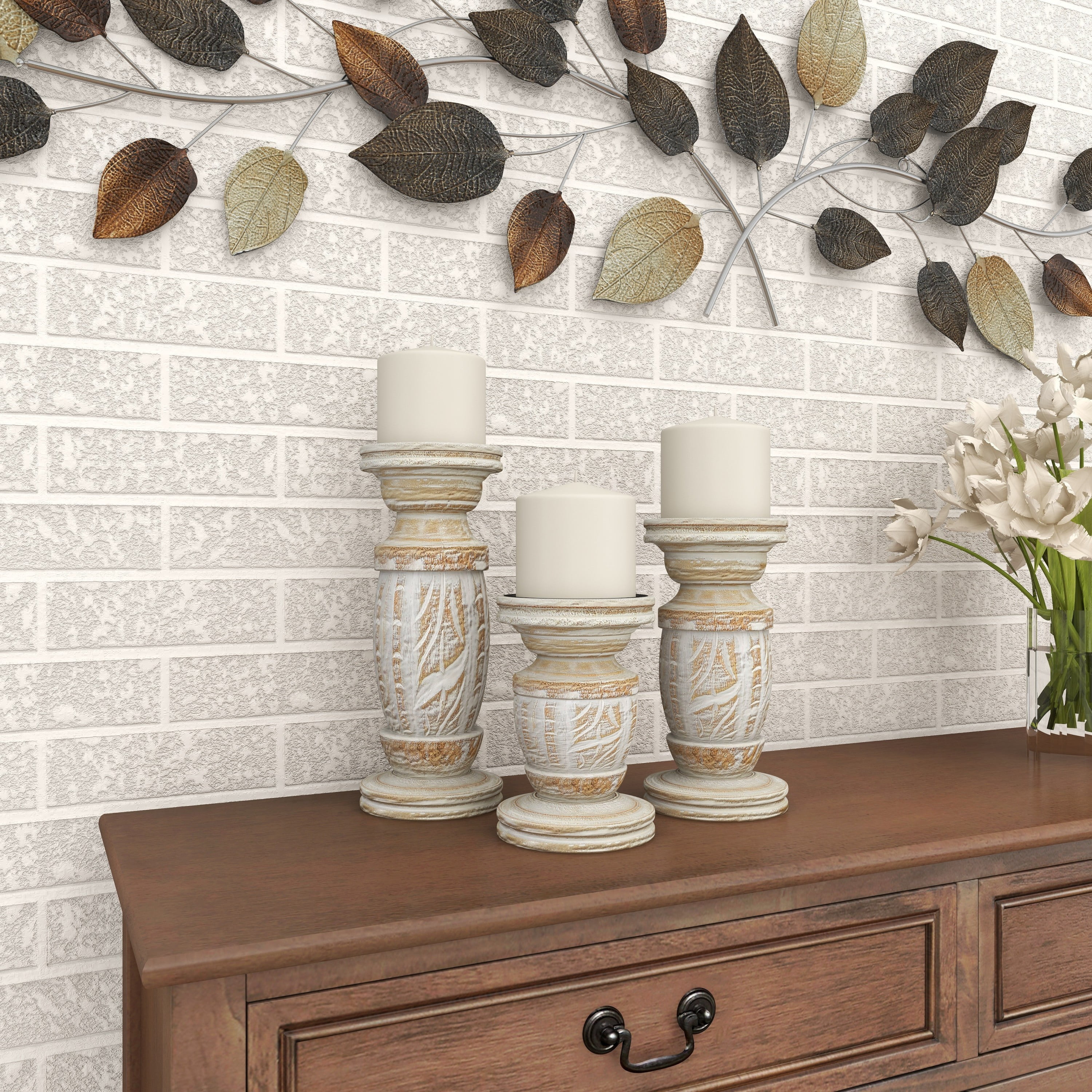 DecMode White Wash Wood Country Cottage Candle Holder Set of 3-Pieces, 6", 8",10"H