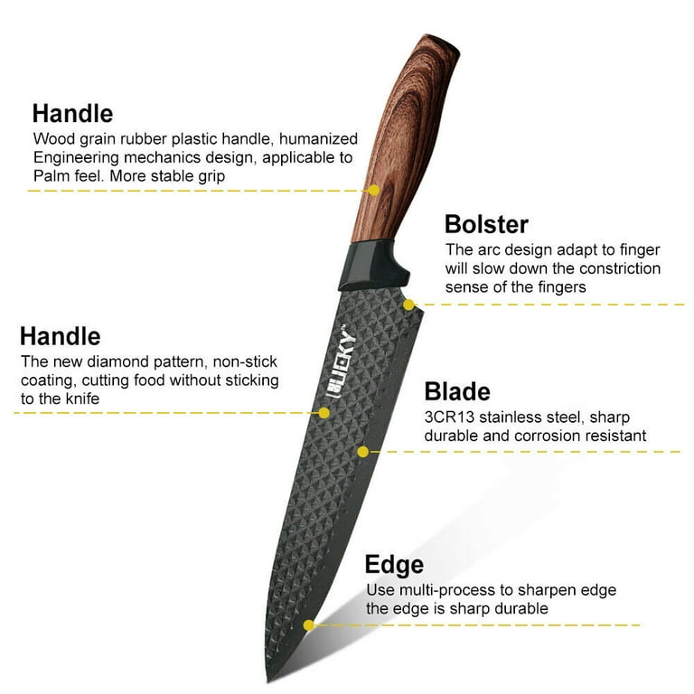 6 Piece Kitchen Knife Set with Sheaths Black Set Ceramic Knife 8 inch Chef Knife, 8 inch Slicer Knife,7 inch Larger Cleaver,5 inch Utility Knife, One