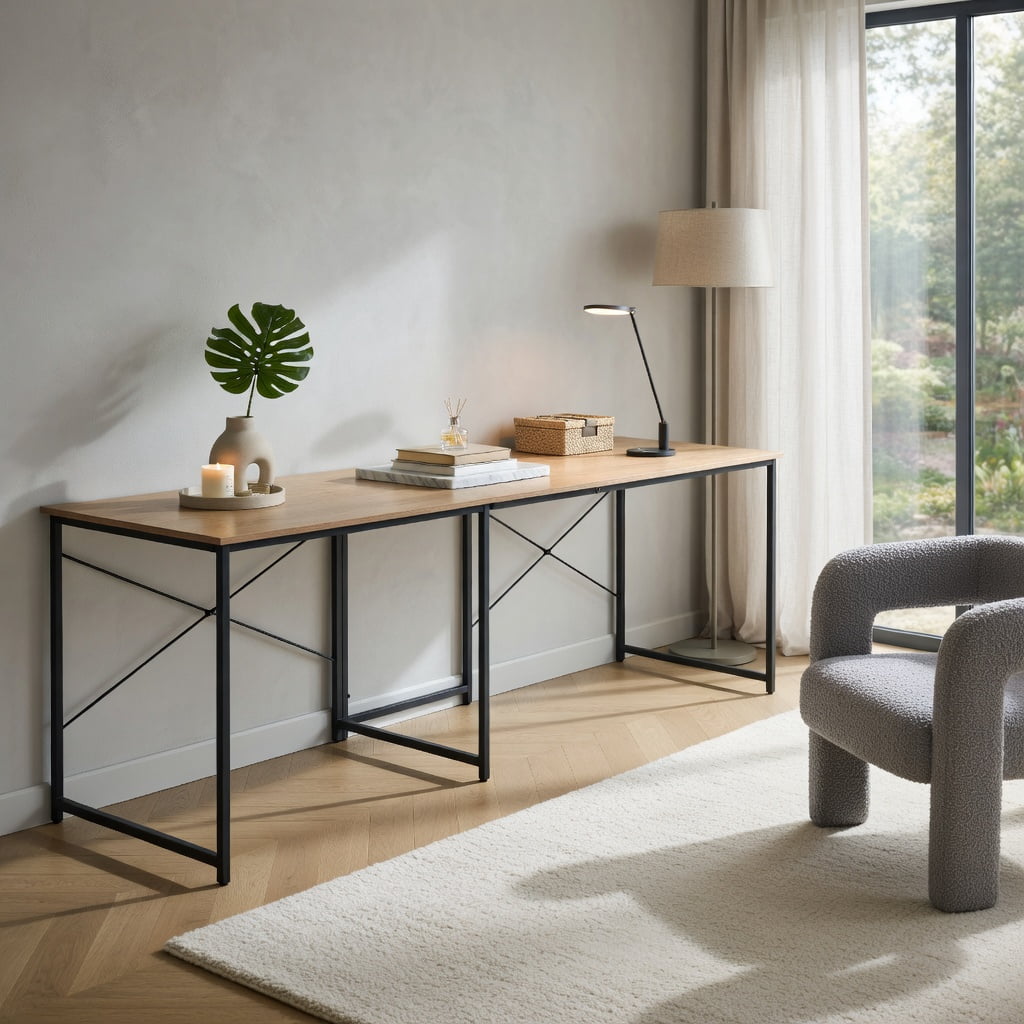 Demi Bonn 95" 2-Person L-Shaped Long Reversible Computer Desk with Monitor Stand, Small Home Office Desk Study Writing Table, Natrual