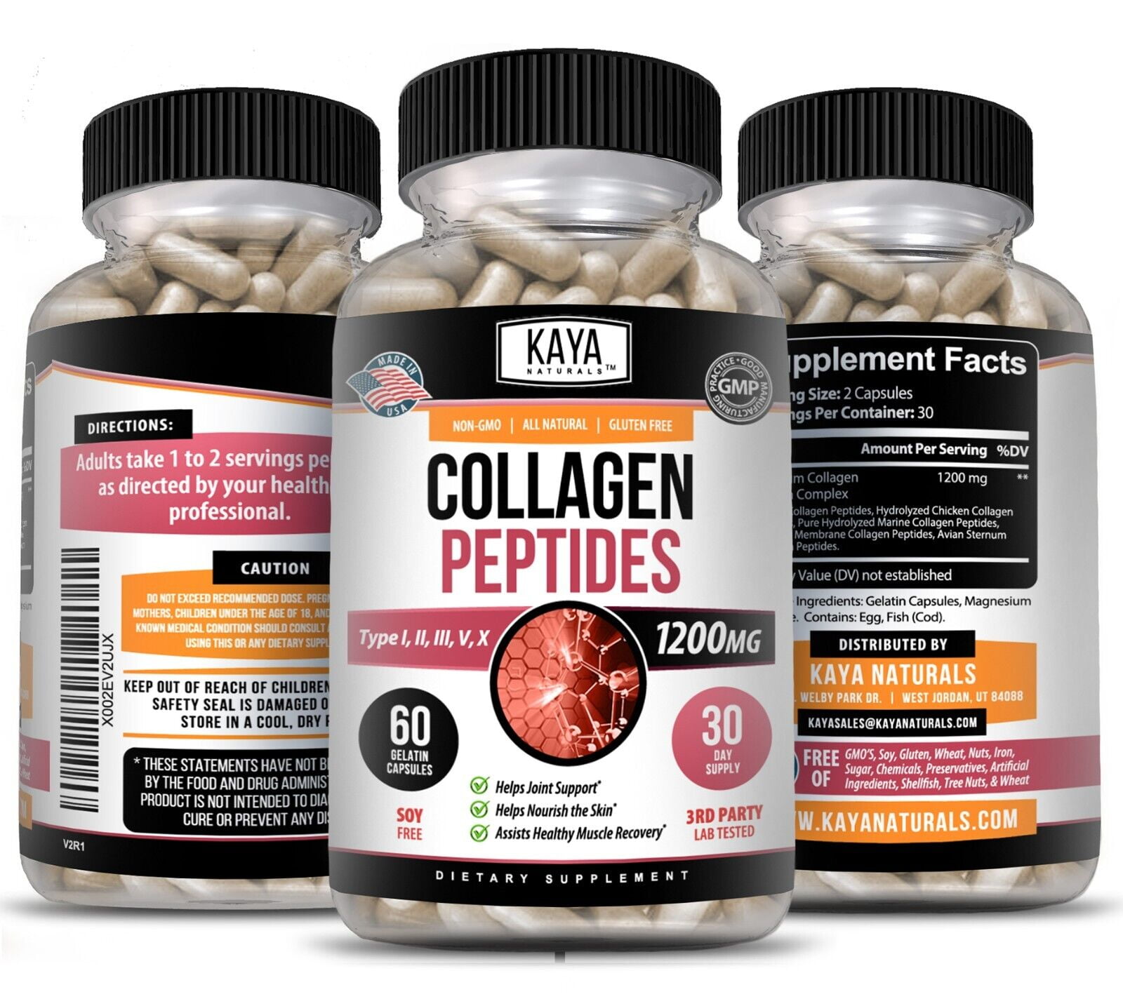 Collagen Peptides Types I, II, III, V, X, 1200mg Pills Anti-Aging Skin Capsules
