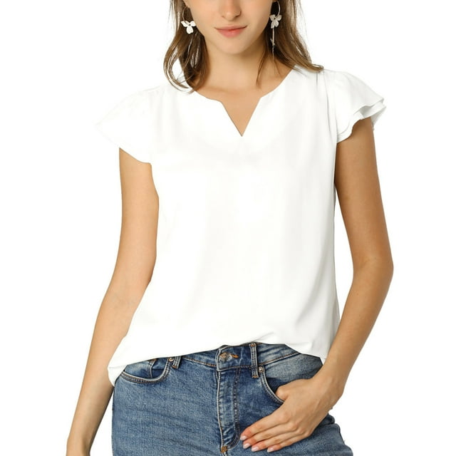 INSPIRE CHIC Women's Solid Blouse V Neck Ruffle Cap Sleeve Lightweight Work Blouse S White