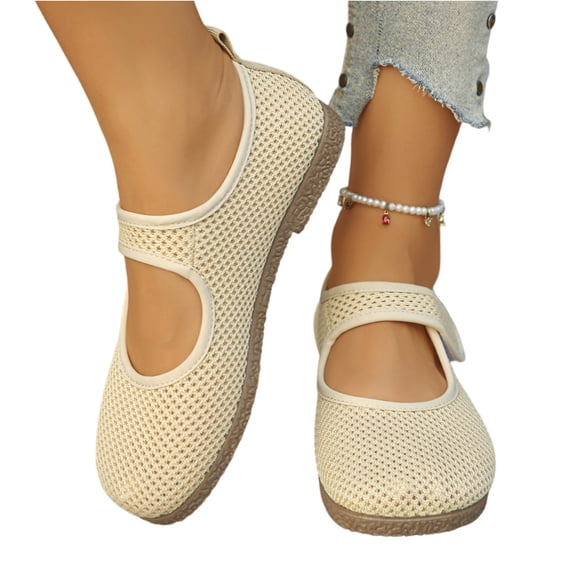 EKVAHL Women's Orthopedic Mary Jane Flats, Breathable Mesh Slip On Walking Loafers, Adjustable Hook Loop Strap Wide Width Senior Work Daily Walking Shoes Beige