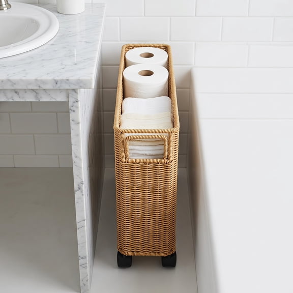 TAILTOSS Rolling Narrow Storage Basket with Wheels Woven Hamper for Living Room Bathroom