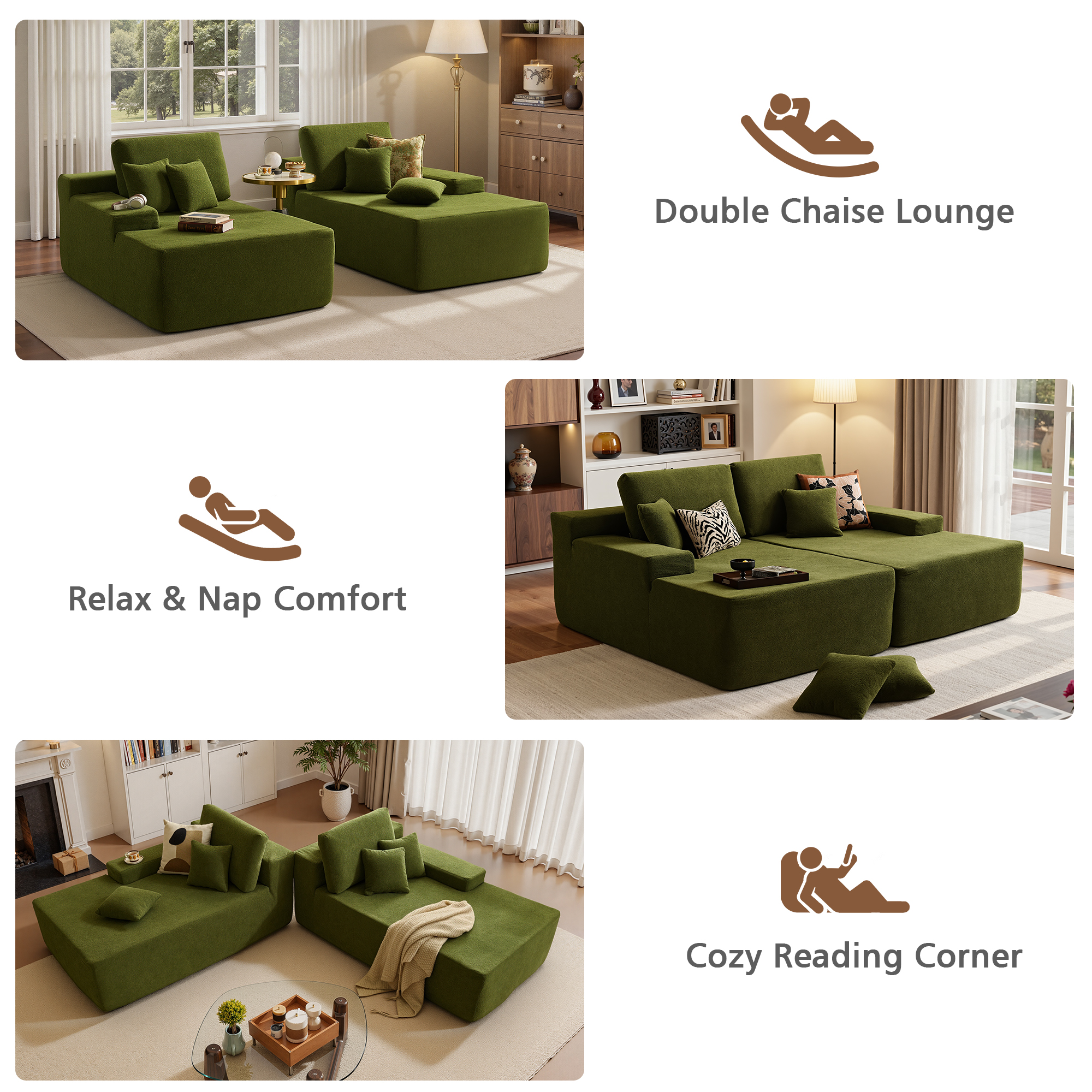 Ovios 74"W Oversized Double Chaise Lounge Chair Deep Seat Cloud Sofa Bed Sleeper Loveseat for Living Room, No Assembly, Green