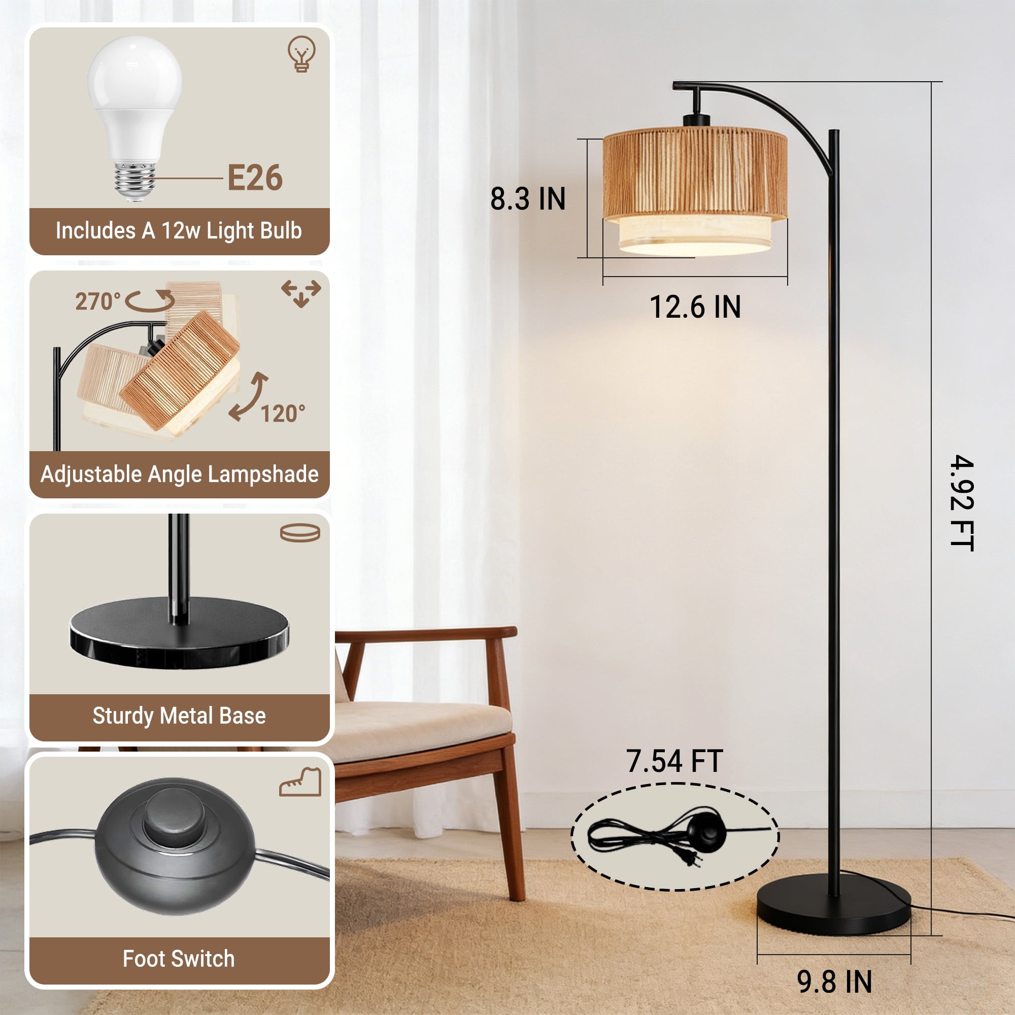 DAYBETTER Floor Lamp for Living Room, Arc Floor Lamps with 3 Color Temperatures, Farmhouse Unique Hanging Douoble Drum Lampshade, for Bedroom, Living Room