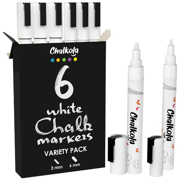 Chalkola 6 White Liquid Chalk Markers - White Dry Erase Liquid Chalk Pens for Chalkboard Signs, Blackboard, Car Window, Glass, Bistro | Variety pack - (3x) 3mm Fine Tip + (3x) 6mm Bold Size Ink Marker