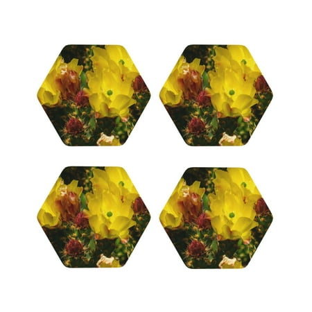 

Drink Coasters Set of 4 Cactus Flowers Leather Coasters for Coffee Table Protector Heat Resistant Cute Coasters for Home Decor Housewarming Gifts Bar Kitchen 4 Inch Hexagon