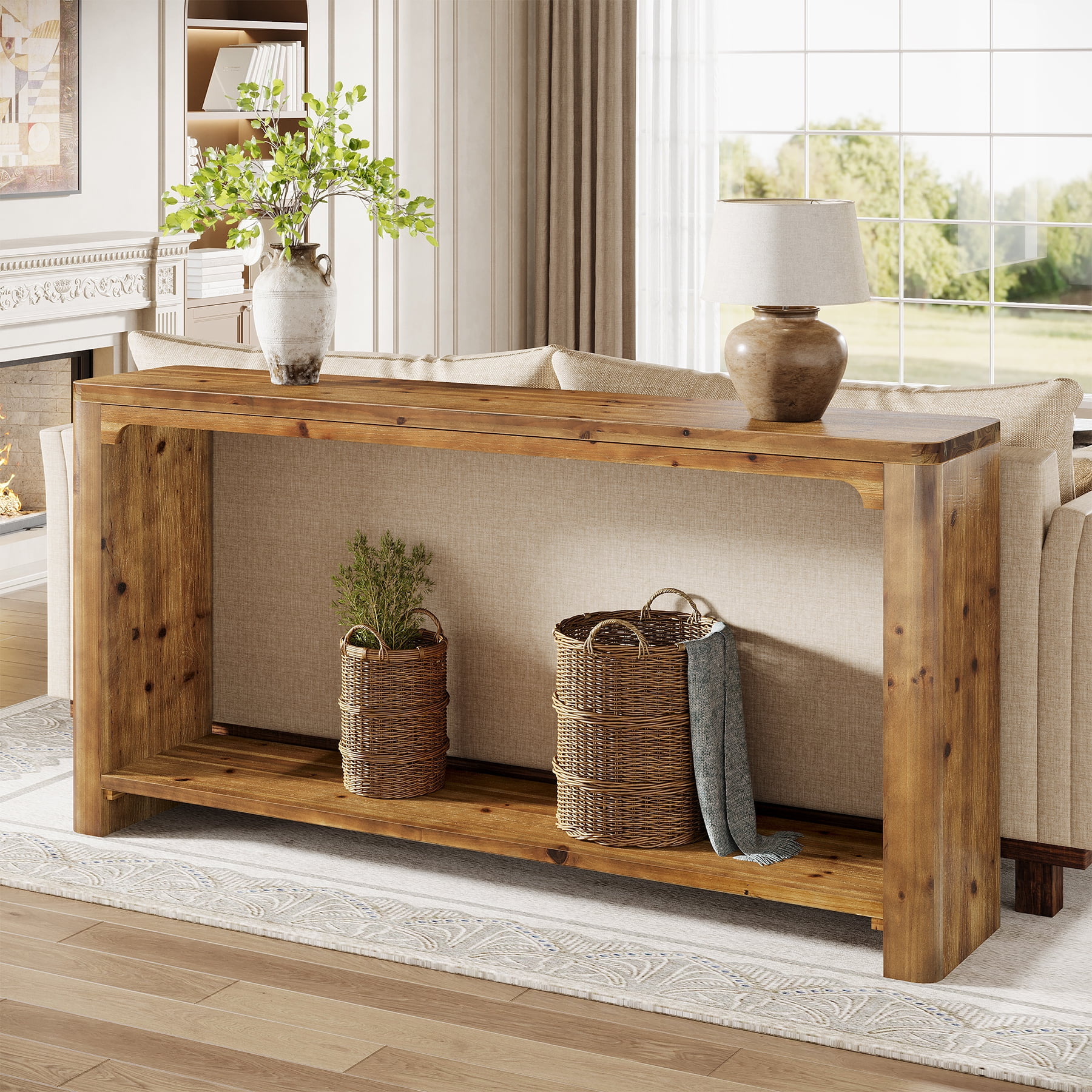 TRIBEWOOD 63" Solid Wood Console Table, Farmhouse Entryway Table for Living Room