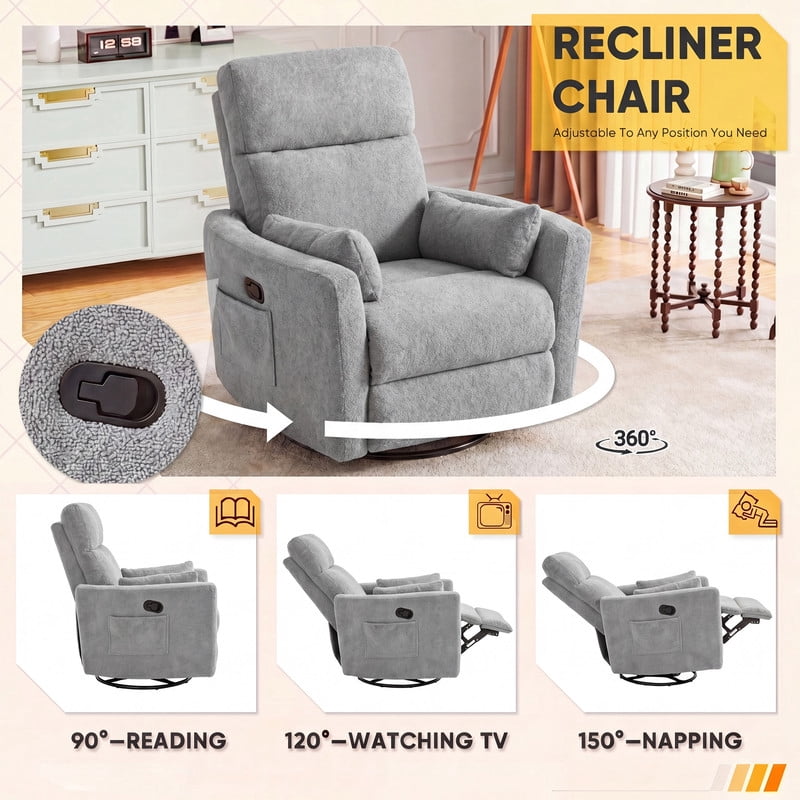 Furmax 360° Swivel Recliner Power Massage Rocker Chair Adult Glider Rocker with 2 Comfy Pillows for Nursery,Loop Yarn Gray