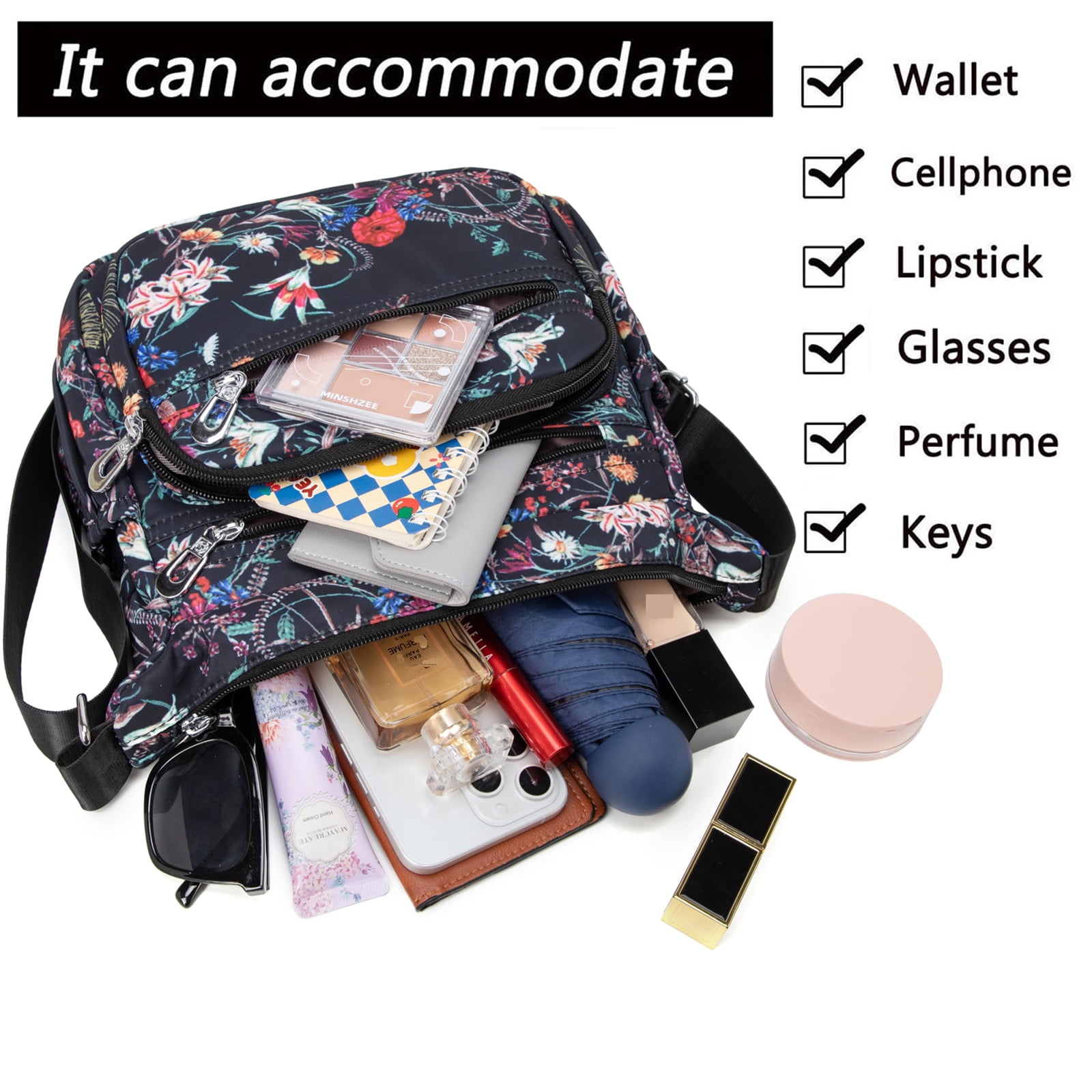 AOUNQ Crossbody Bag for Women Multi Pocket Shoulder Purse Bags Nylon Ladies Travel Handbag with Adjustable Straps