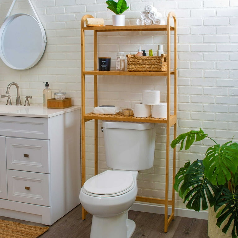 Bamworld Bathroom Organizer Shelves Bamboo Adjustable 3 Tiers Floating Shelf Over The Toilet Storage with Hanging Rod (Natural), Beige