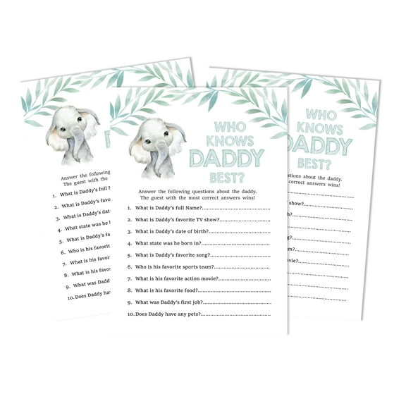 Inkdotpot Baby Elephant Gender Neutral Who Knows Daddy BestBaby Shower GameCards FunActivity Cards Set Of 50Party Theme