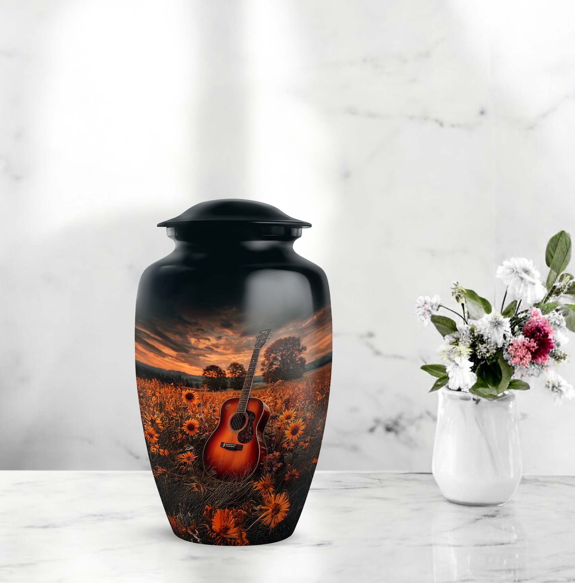 Guitar Burial Urns For Human Ashes Mother - Black Funeral Urns For Ashes Female And Male Remains - Brown Cremation Urn For Father 10 Inch, 4 Keepsake Set - 1 Large Sunflower Funeral Urn For Mom