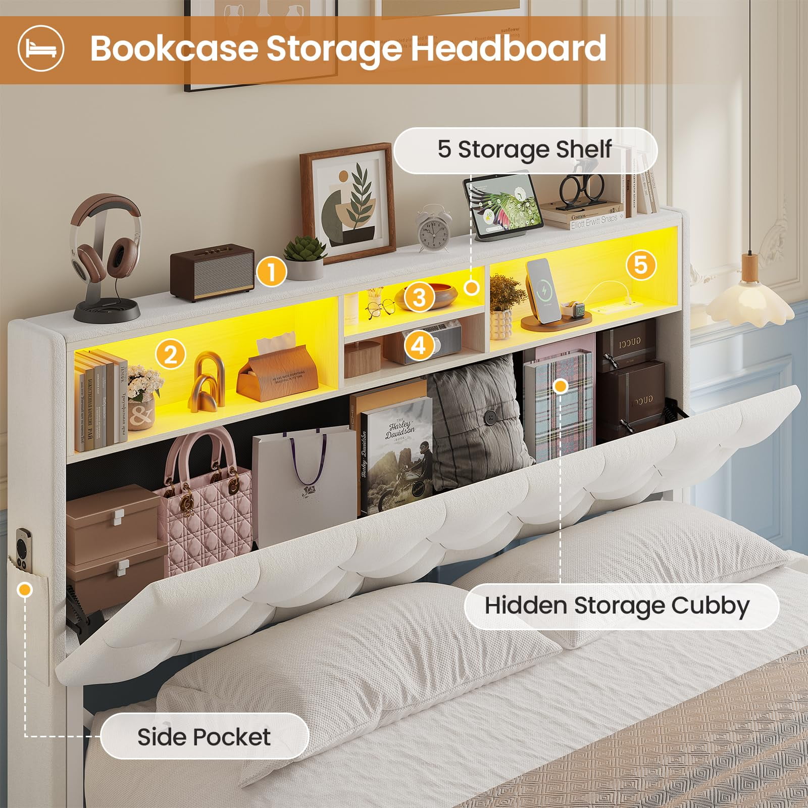 Afuhokles Full Bed Frame with Bookcase Headboard,LED Bed Frame with 4 Storage Drawers,Power Outlet, Modern Velvet Upholstered Platform Bed with 5 Shelf, No Box Spring Needed, Creamy White