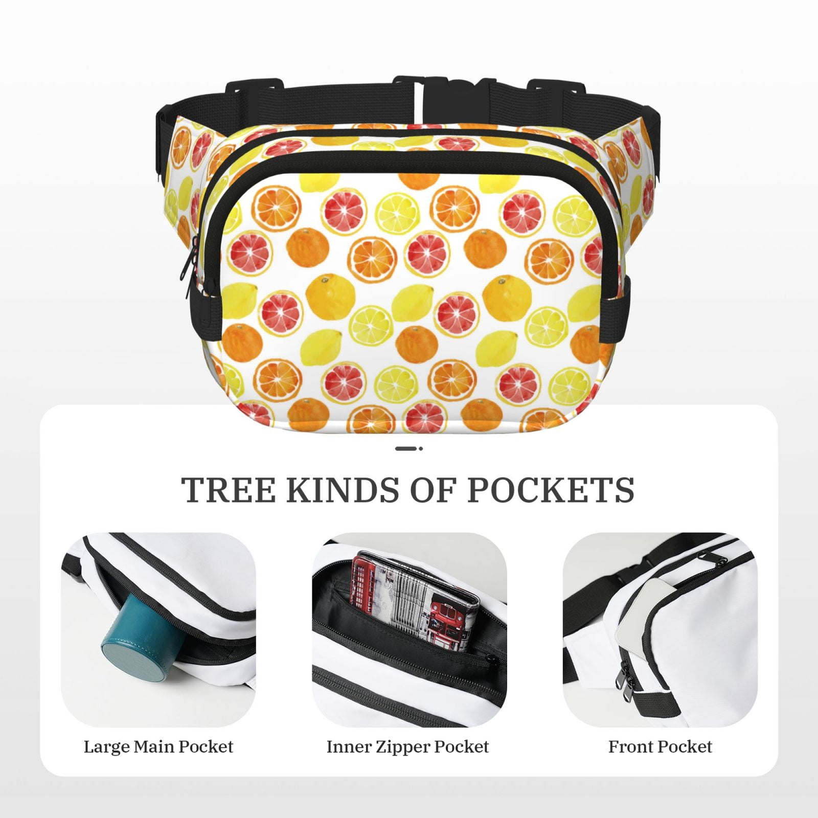Fuzoiu Lemon Orange Print Unisex Square Double Layer Waist Bag,Crossbody Fanny Pack Travel Workout Accessory