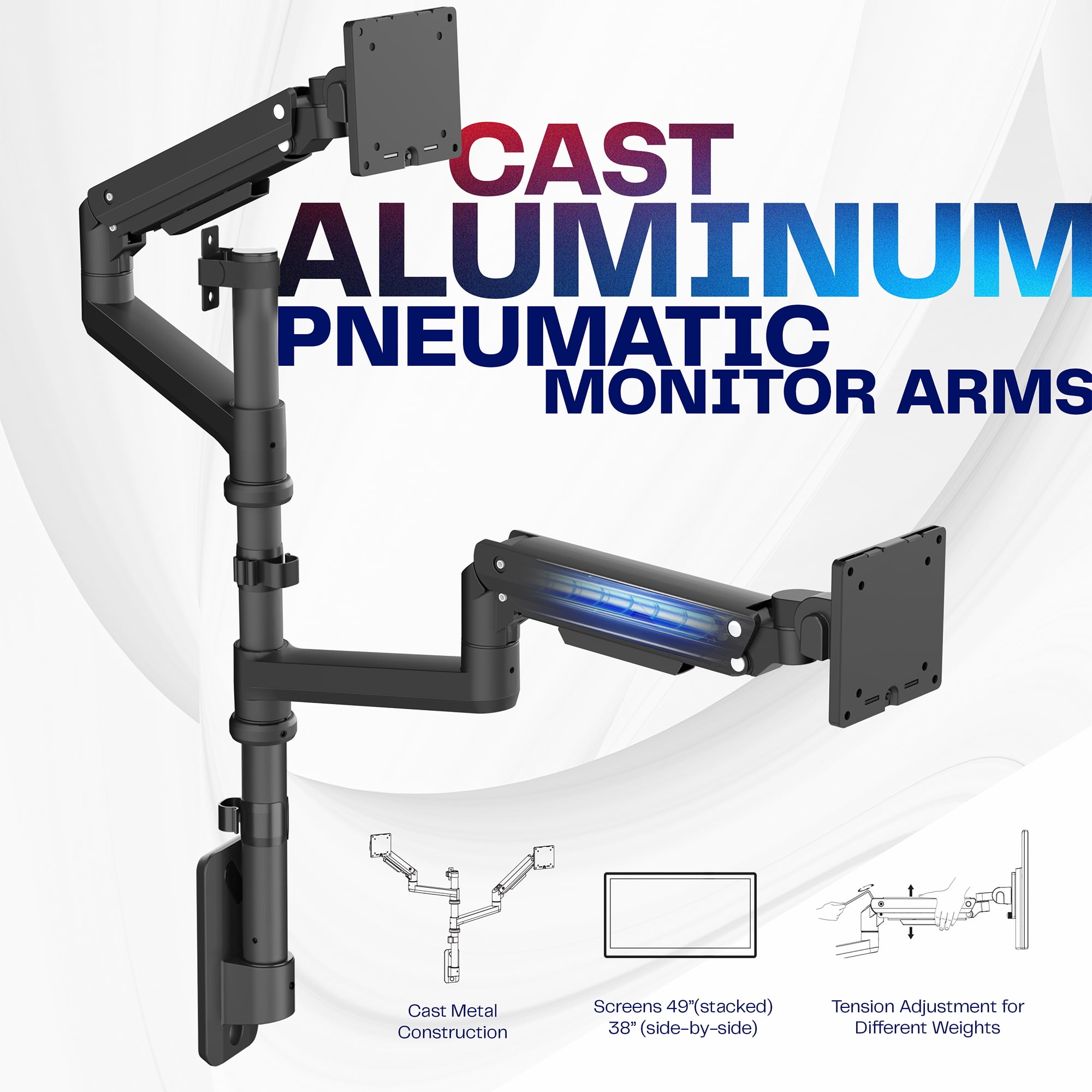 VIVO Dual Pneumatic Monitor Wall Mount, Fits Ultrawide Screens up to 49"