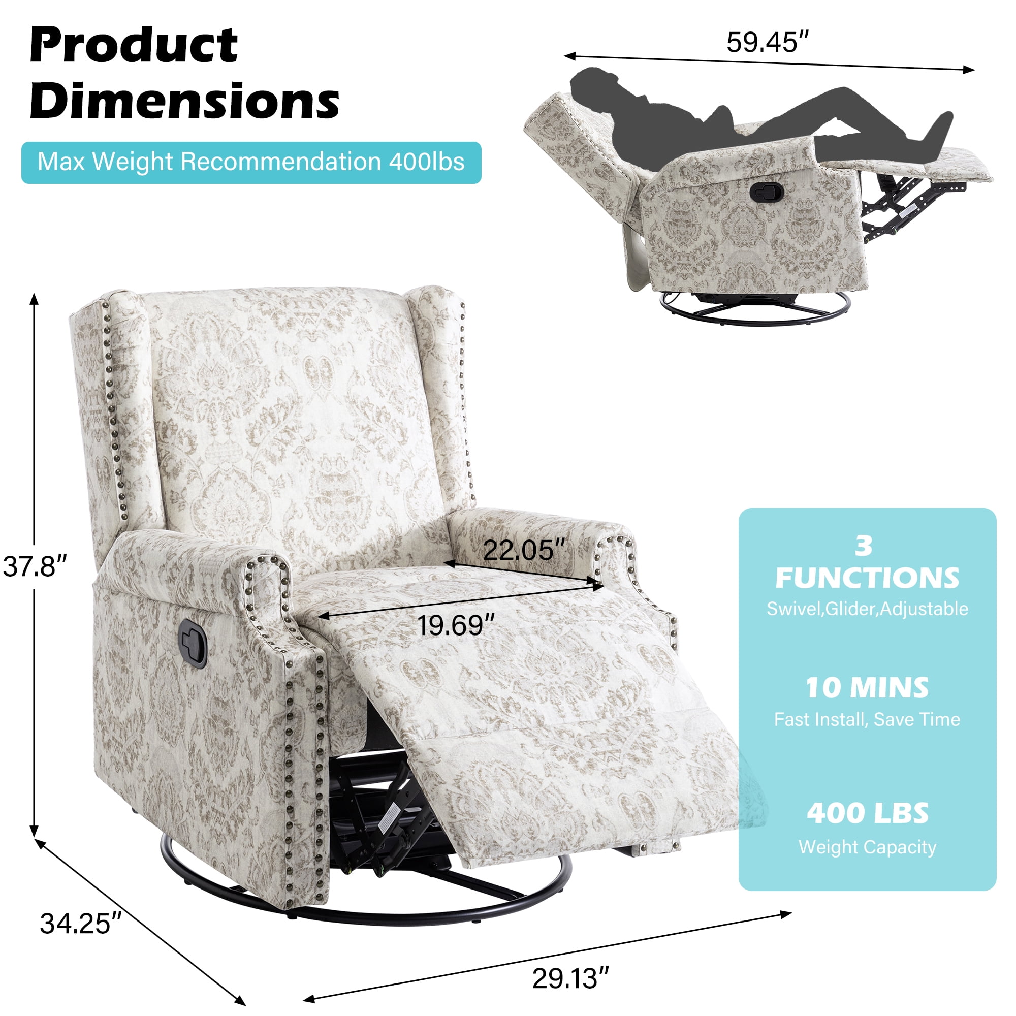 UIXE Swivel Rocker Manual Recliner Chairs Set of 2, Wingback Swivel Glider Fabric Nursery Reclining Sofa Chair, High Back Upholstered Arm Chair for Living Room Bedroom, Beige