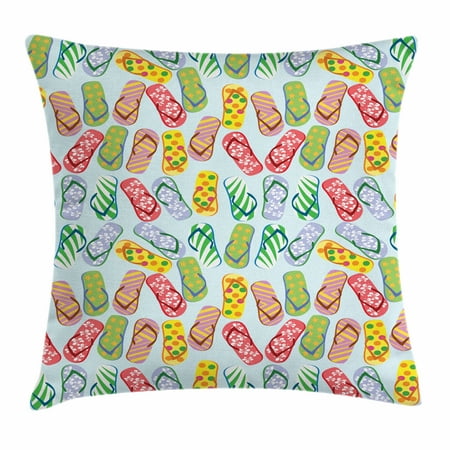 Palm Tree Pattern - Flip Flop Throw Pillow Cushion Cover, Stylized Slippers with Hibiscus Flowers Palm Tree Leaves and Polka Dot Pattern, Decorative Square Accent Pillow Case, 16 X 16 Inches, Multicolor, by Ambesonne