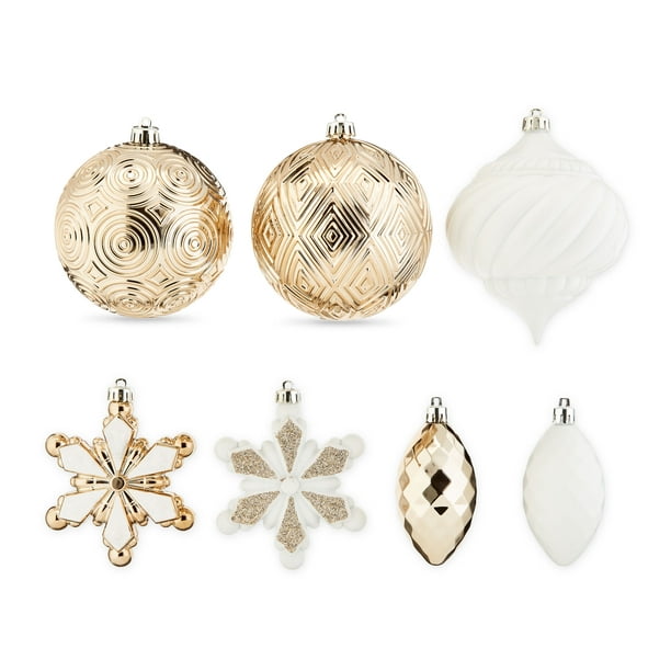 Holiday Time 100 mm Shatterproof Christmas Ornaments, White & Champagne ...