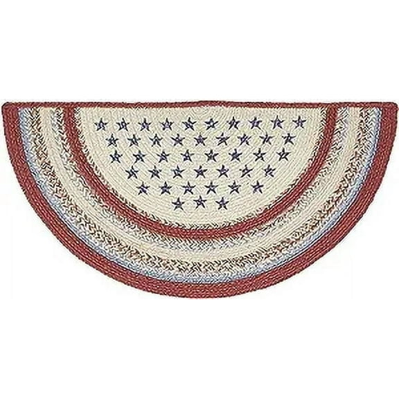 VHC Brands Celebration Braided Jute Rug, Non-Skid Pad, Half Circle Door Mat, Red Creme Blue, 16.5x33
