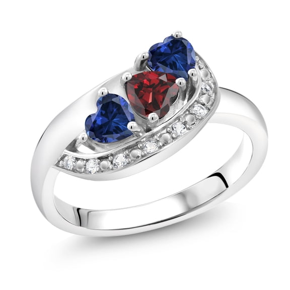 Gem Stone King 925 Sterling Silver Red Garnet and Blue Created Sapphire Engagement Ring for Women (1.39 Cttw, Heart Shape 4MM, Size 7)