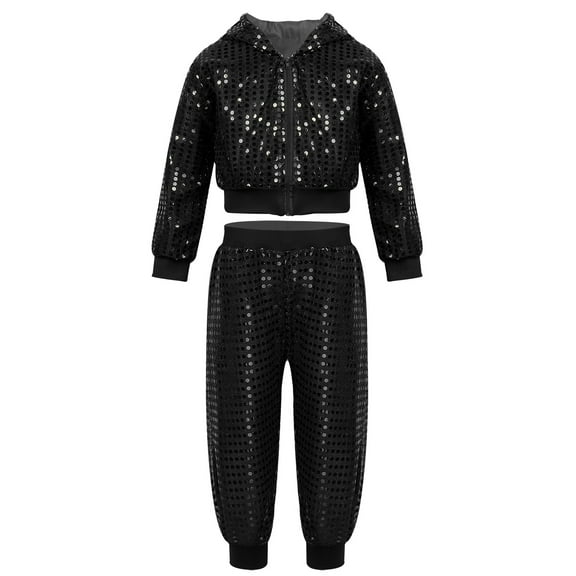 iEFiEL Unisex Kids Boys Girls Hip-hop Jazz Dance Costume Sequins Hooded Tops with Pant Black 8-10
