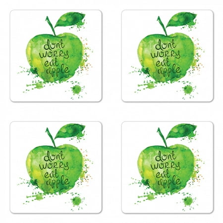 

Fruit Coaster Set of 4 Dont Worry Eat Apple Words on Watercolor Green Fruit Hand Drawn Brush Strokes Square Hardboard Gloss Coasters Standard Size Apple Green White by Ambesonne