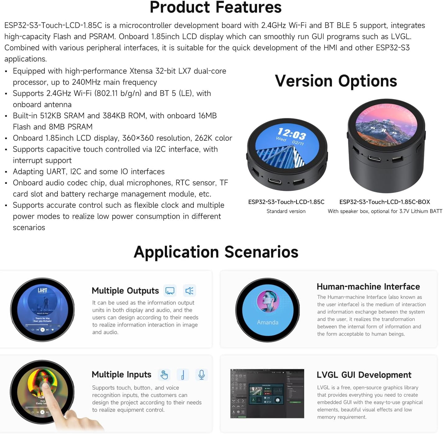 ESP32-S3 1.85inch Round LCD Development Board, 360×360, Supports Wi-Fi & Bluetooth BLE 5, AI Speech, Smart Speaker Box, ESP32 with Display, with Speaker Box, with BAT