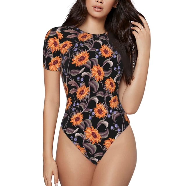 Balery Sunflowers Body de cuello redondo de manga corta para mujer Tops de manga corta Tops básicos-Medium