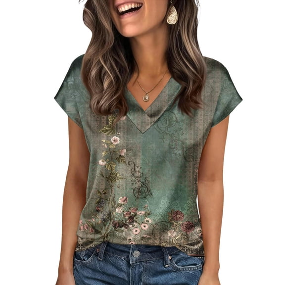 CONZONE Women's Summer T-Shirts Short Sleeve Satin T Shirts for Women Casual V Neck Floral Graphic Lightweight Tees Soft Cozy Dailywear