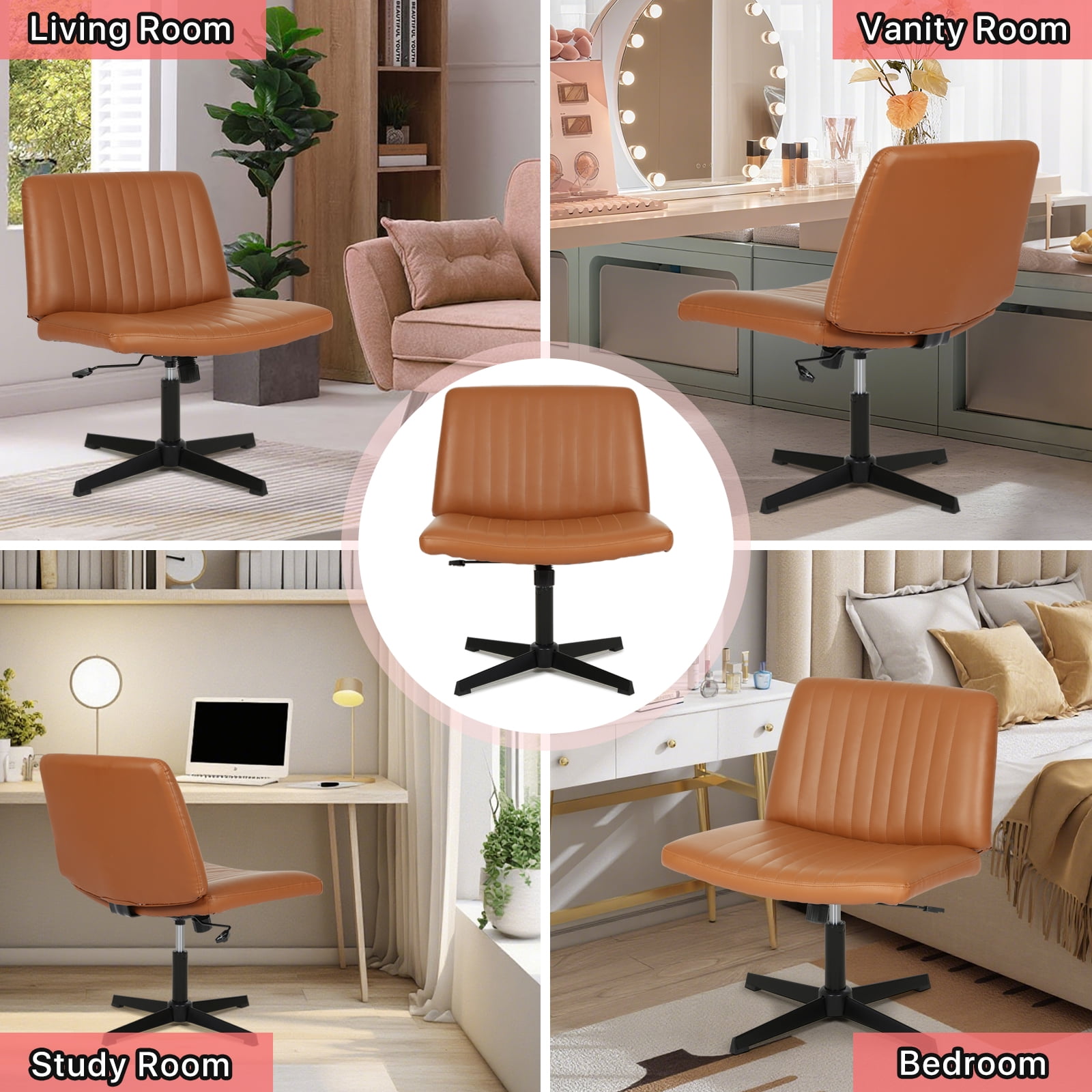 Criss Cross Chair, Armless  Vanity Chair Cross Legged Office Chair,  Adjustable Wide Swivel Desk Chair for Home Office No Wheels, Brown