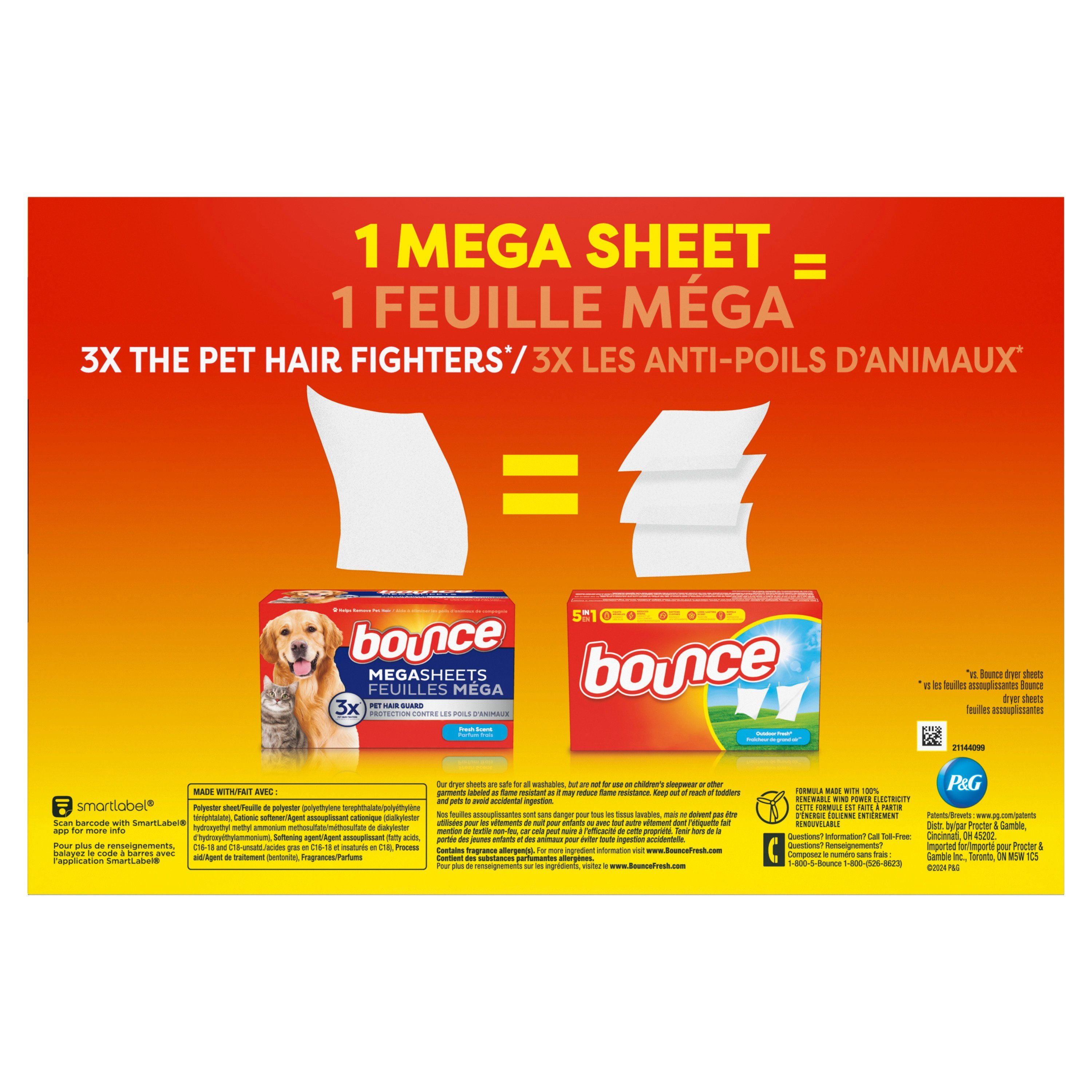 Feuilles assouplissantes méga Bounce Anti-poils d’animaux et anti-peluches avec trois fois les anti-poils d’animaux de compagnie, parfum Frais