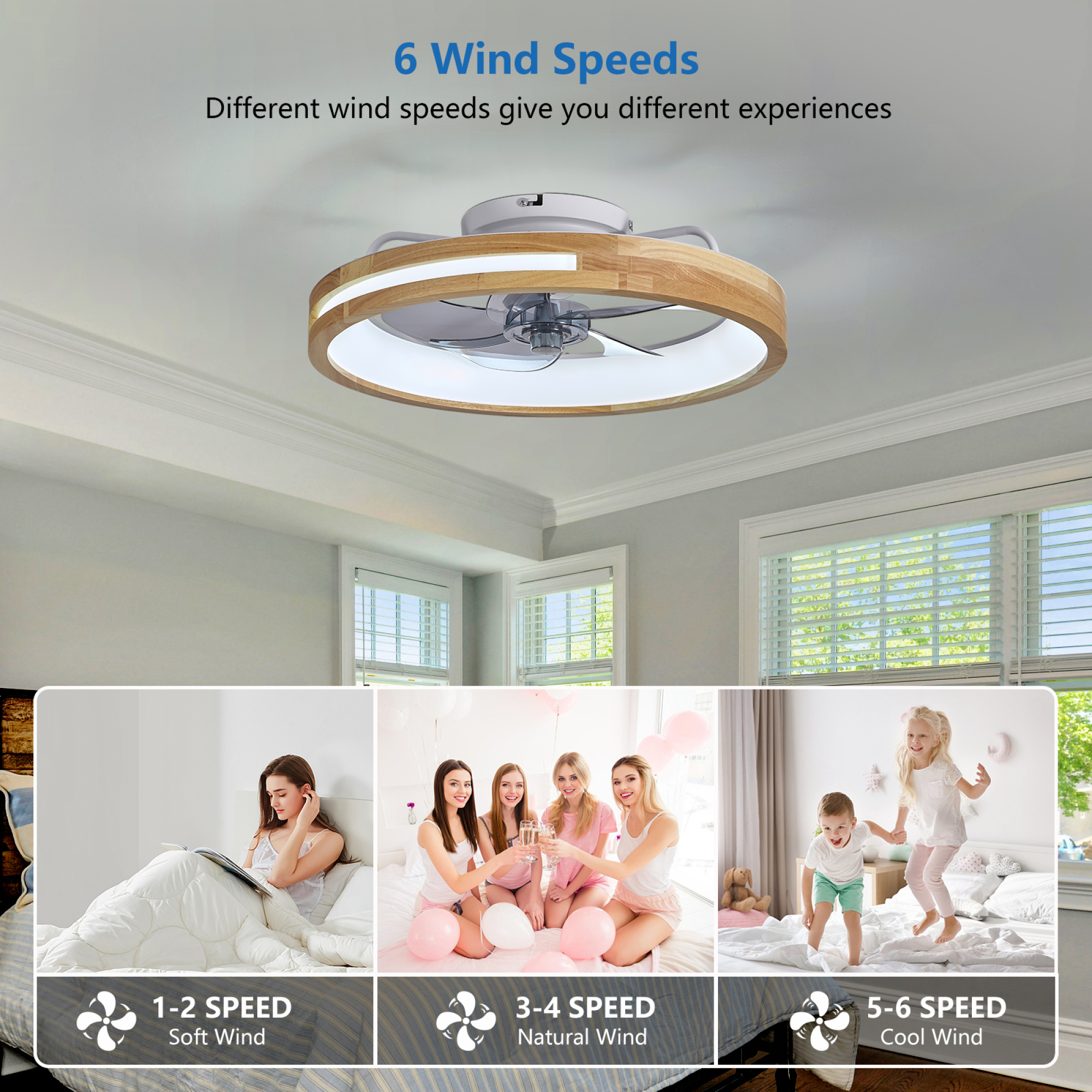 Leumius 20" Ceiling Fans with Lights and Remote Low Profile Flush Mount Ceiling Fan with Light,3000-6000K LED Fan Lighting 6 Speed Reversible Quiet Wooden Small Fans and Light for Bedroom Kitchen