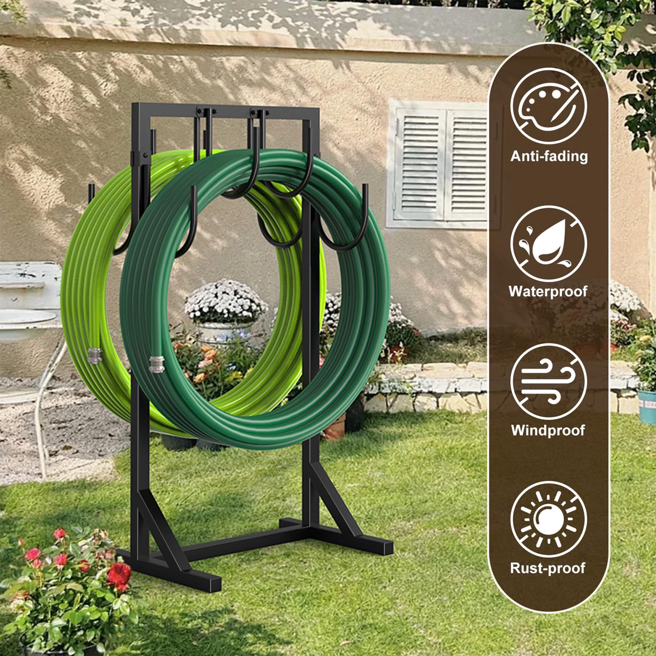 Yacona Garden Hose Holder, Heavy Duty Water Hose Storage for Outside with 8 Hooks, Freestanding Hose Reel Hanger, Black