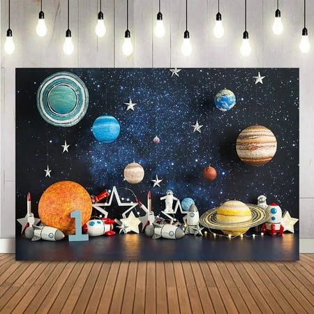 Image of Adventure Theme cake smash portrait backdrop for photography studio newborn kids photo background night sky planets props