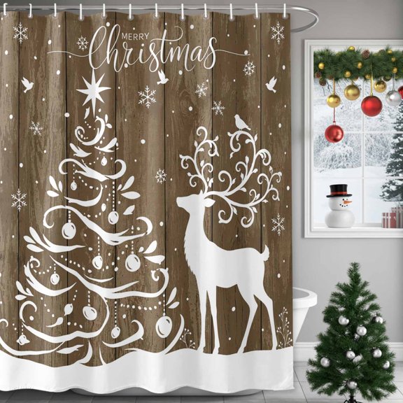Small Stall Shower Curtain 48x72 Inch Narrow Half Size Christmas Tree Bath Curtains Bathroom Decor, Xmas Deer Snowflakes Farmhouse Wooden Waterproof Fabric Shower Curtain Set with Hooks 48 Inch