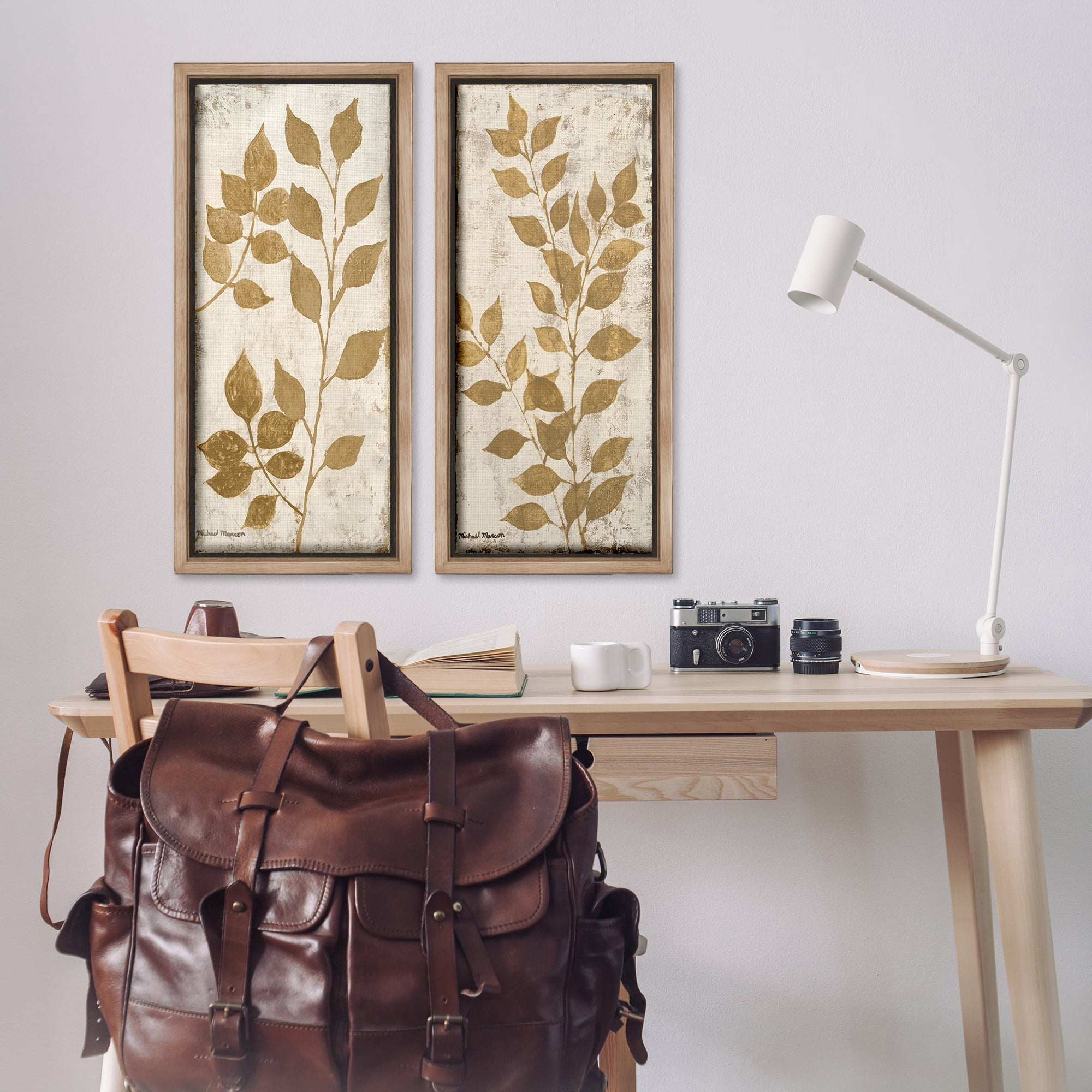 Stupell Industries Distressed Natural Leaves Floral & Botanical Painting Brown Floater Framed Canvas Art Print Wall Art, 14 x 31, Set of 2