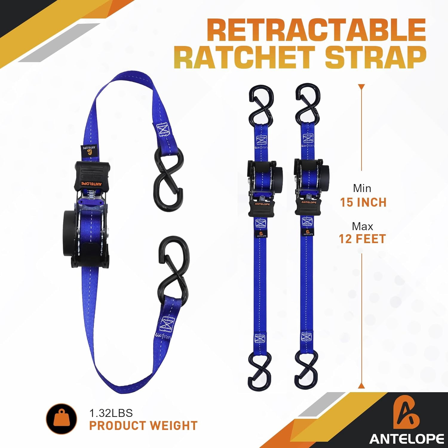 A ANTELOPE 4-Pack Heavy Duty Auto Retractable Ratchet Tie-Down Straps, 1" x 12' 1500LBS Breaking Strength, Weather Resistant S-Hooks for Cargo Securing, Blue