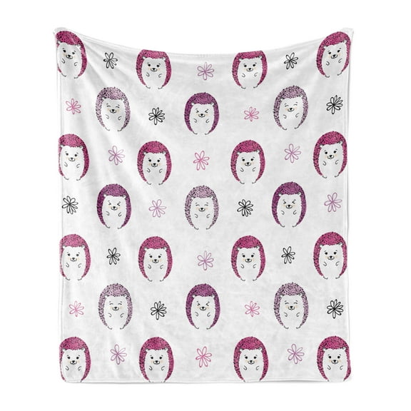 Hedgehog Soft Flannel Fleece Throw Blanket, Colorful Spiky Animals with Faces Doodle Flowers Cartoon Style Image, Cozy Plush for Indoor and Outdoor Use, 60" x 80", Pink Lilac Black, by Ambesonne
