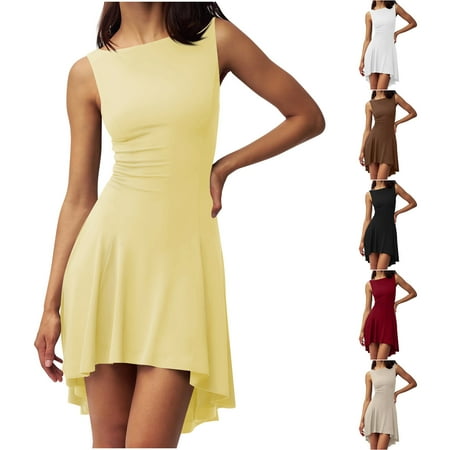 YHAJDS Sleeveless Off-The-Shoulder Dress Women Solid Color Off Shoulder Knee Length Dress