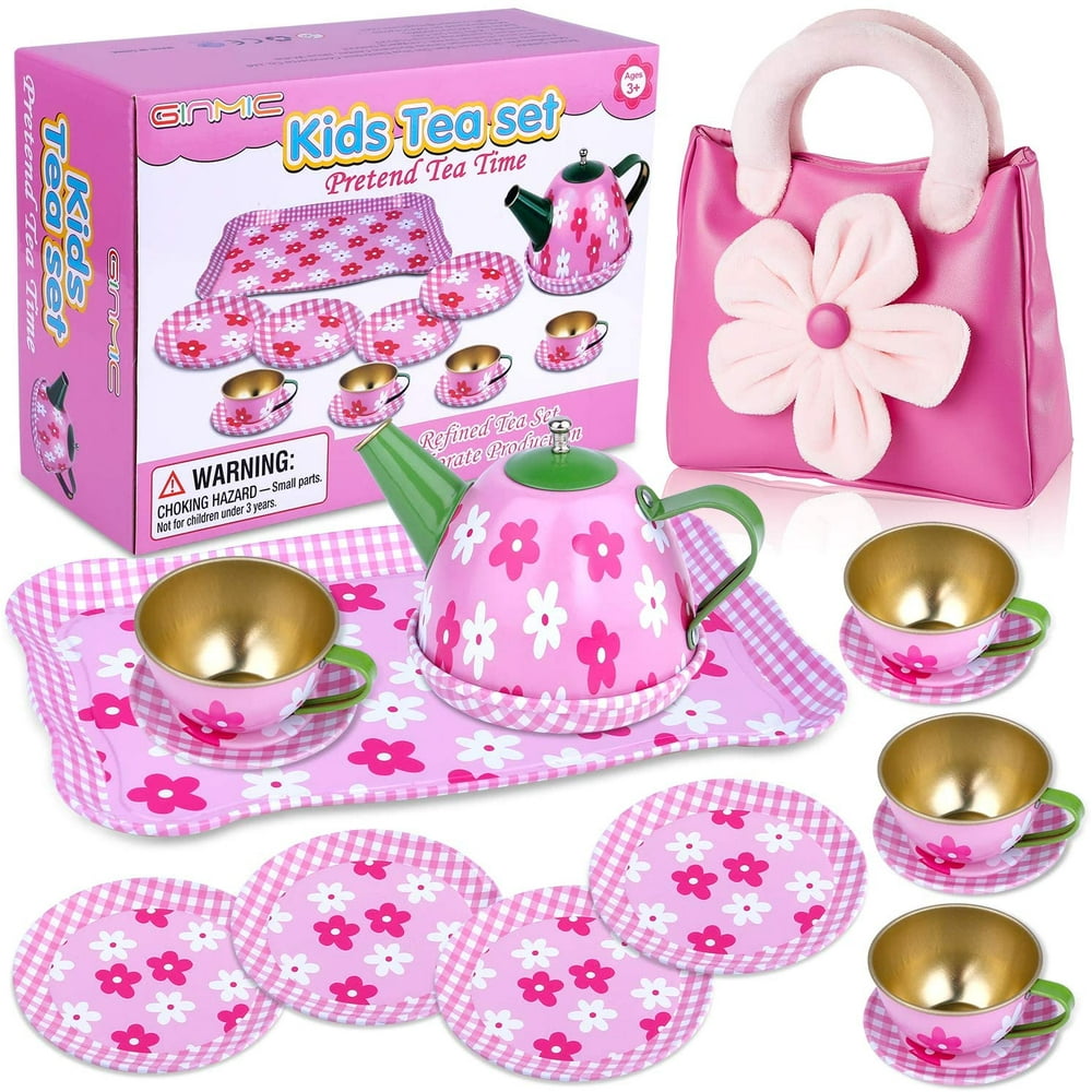GINMIC Pretend Play Tea Party Set for Little Girls, Tin Tea Set with