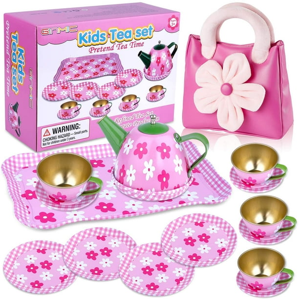 GINMIC Pretend Play Tea Party Set for Little Girls, Tin Tea Set with