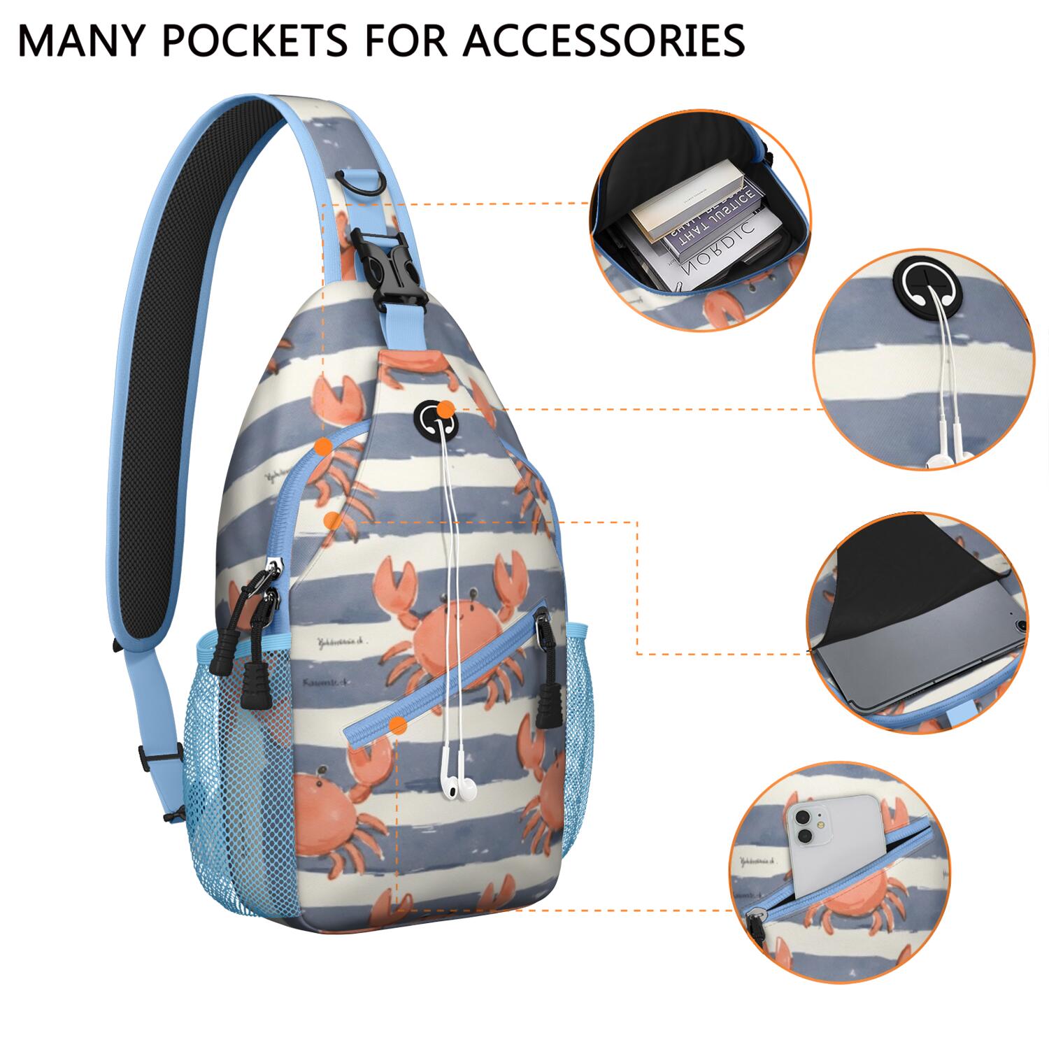 Marine Adorable Crab Crossbody Sling Bag for Women Men Shoulder Backpack Chest Bag AntiTheft Sling Shoulder Bag