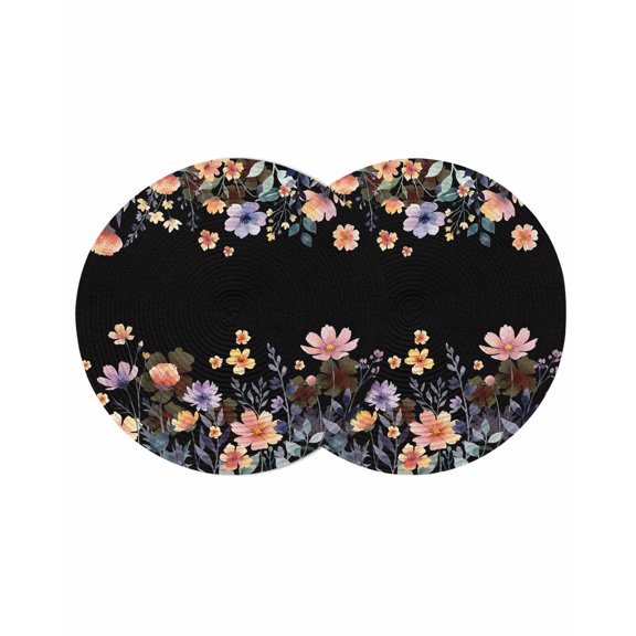 Black Spring Floral Round 13 Inch Placemats Set of 2, Elegant Flowers Farmhouse Botanical HeatResistant Non Slip Place Mats for Dining Table, Wipeable Braided Kitchen Table Mats for Housewarming
