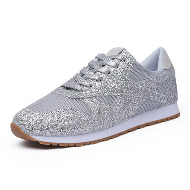 EQWLJWE Women's Fashion Casual Crystal Bling Lace Up Sport Shoes Sneakers Glitter Sneakers Comfy Sparkly Rhinestone Bling Running Shoes Shiny Sequin Flat Heel - Walmart.com