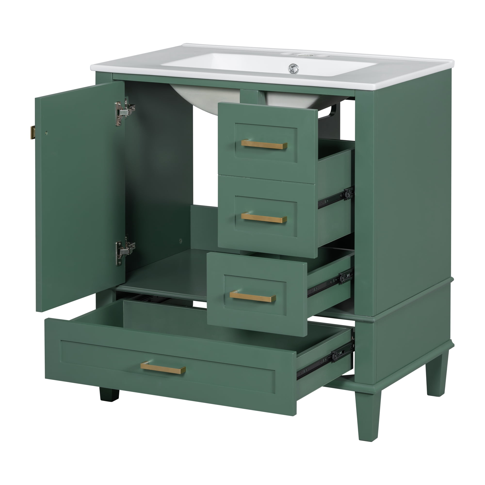 Modern Bathroom Vanity with Ceramic Sink, Soft Close Door, 3 Versatile Drawers and Zinc Alloy Handles, Solid Wood Construction, 30 Inch in Green
